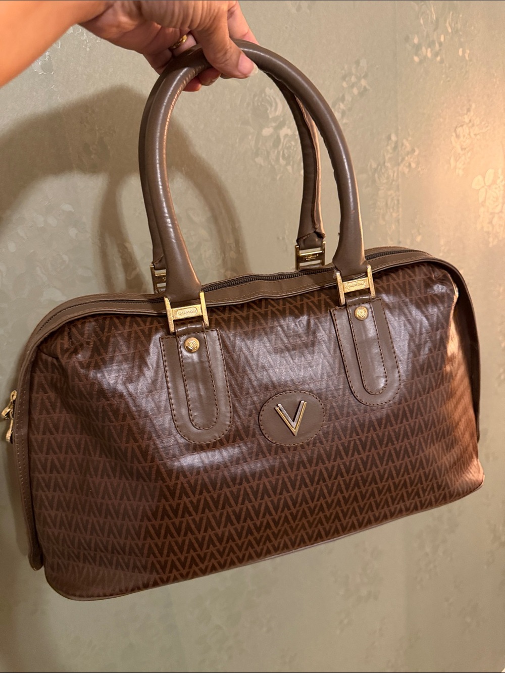 Valentino Brown Monogram Satchel with Gold Hardware